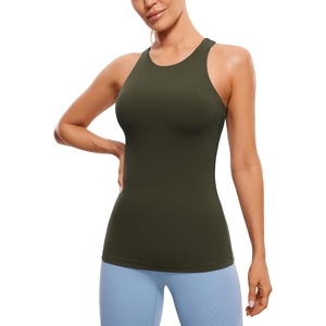 CRZ YOGA Butterluxe High Neck Tank Tops for Women – Racerback Workout Padded Yoga Athletic Camisole with Built in Bra(Olive Green)