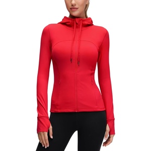 CRZ YOGA Butterluxe Hooded Athletic Jackets for Women – Full Zip Track Casual Tops with Thumb Holes Pockets(Aurora Red)