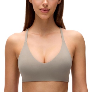 CRZ YOGA Butterluxe Low Coverage V Neck Sports Bras for Women – Spaghetti Straps Racerback Padded Yoga Top(Warm Ash Grey)