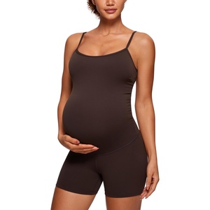 CRZ YOGA Butterluxe Maternity Cami Strap Workout Romper – U Neck Casual Shorts Jumpsuit Pregnancy Womens Tank Top Bodysuit(Hot Fudge Brown)