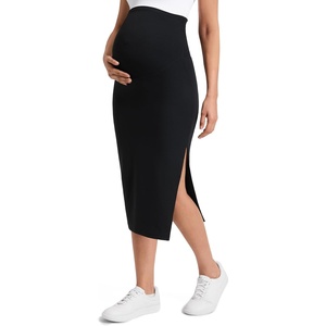 CRZ YOGA Butterluxe Maternity Side Split Midi Skirt – Bodycon Womens Pregnancy Casual Pencil Over The Belly Stretchy Soft(Black)