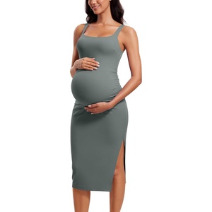 CRZ YOGA Butterluxe Maternity Square Neck Midi Dress – Split Ruched Tanks Womens Pregnancy Bodycon Casual Baby Shower(Grey Sage)