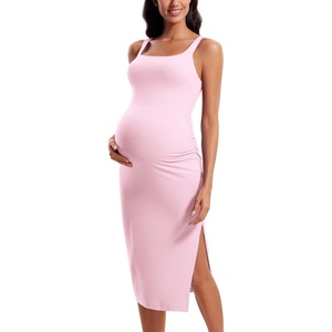 CRZ YOGA Butterluxe Maternity Square Neck Midi Dress – Split Ruched Tanks Womens Pregnancy Bodycon Casual Baby Shower(Pink Peony)