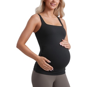 CRZ YOGA Butterluxe Maternity Square Neck Tank Tops – Ruched Sleeveless Womens Pregnancy Yoga Tee Shirt with Built in Bra(Black)