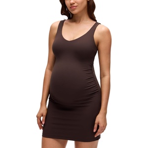 CRZ YOGA Butterluxe Maternity V Neck Mini Dress Linerless – Ruched Sleeveless Casual Pregnancy Womens Summer Bodycon(Hot Fudge Brown)