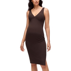 CRZ YOGA Butterluxe Maternity V Neck Nursing Midi Dress – Slit Sleeveless Casual Pregnancy Womens Bodycon Built in Bra Outfit(Hot Fudge Brown)