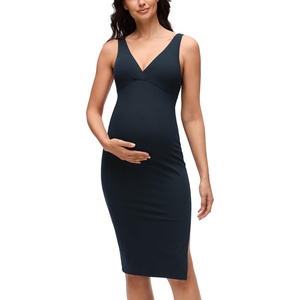 CRZ YOGA Butterluxe Maternity V Neck Nursing Midi Dress – Slit Sleeveless Casual Pregnancy Womens Bodycon Built in Bra Outfit(True Navy)