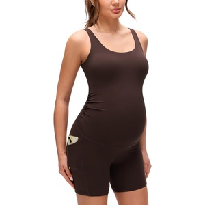 CRZ YOGA Butterluxe Maternity Workout Romper Pockets – U Neck Sleeveless Shorts Jumpsuit Pregnancy Womens Ruched Bodysuit(Hot Fudge Brown)