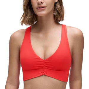 CRZ YOGA Butterluxe Ruched Longline Sports Bras for Women – V Neck Padded Yoga Tank Wide Straps Cross Back Crop Tops(Deep Red)