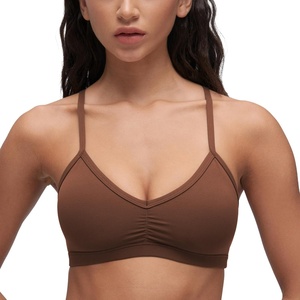 CRZ YOGA Butterluxe Ruched Sports Bras for Women – V Neck Spaghetti Thin Strap Y Back Wireless Padded Yoga Crop Top(Lava Brown)