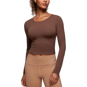 CRZ YOGA Butterluxe Scoop Neck Long Sleeve Shirts for Women – Workout Athletic Casual Tops Crop Slim Basic Tight Shirt(Coffee Brown)
