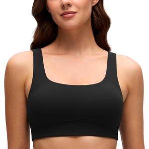 CRZ YOGA Butterluxe Scoop Neck Sports Bras for Women – U Back Padded Wide Strap Wireless Yoga Top(Black)