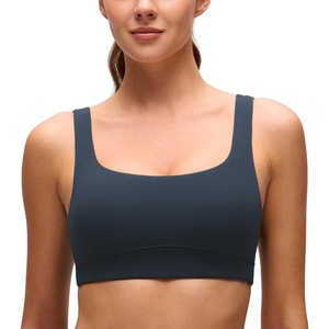 CRZ YOGA Butterluxe Scoop Neck Sports Bras for Women – U Back Padded Wide Strap Wireless Yoga Top(True Navy)