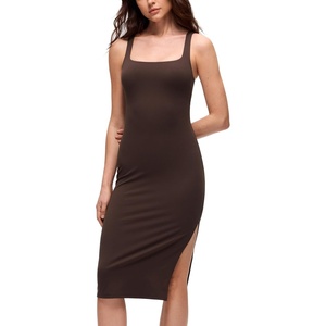 CRZ YOGA Butterluxe Square Neck Midi Casual Dress for Women – Bodycon Side Slit Travel Party Outfits with Built-in Bras(Hot Fudge Brown)