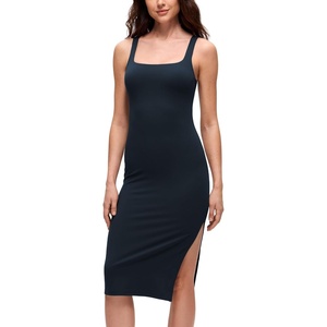 CRZ YOGA Butterluxe Square Neck Midi Casual Dress for Women – Bodycon Side Slit Travel Party Outfits with Built-in Bras(True Navy)
