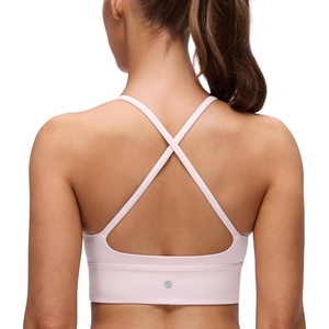 CRZ YOGA Butterluxe Thin Straps Cross Back Longline Sports Bras for Women – Padded V Neck Yoga Crop Top(Strawberry Pink)