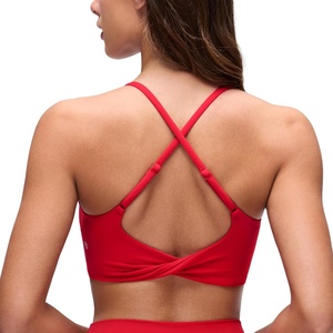 CRZ YOGA Butterluxe Twist Cross Back Sports Bras for Women – U Neck Padded Adjustable Spaghetti Straps Yoga Top(Aurora Red)