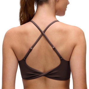 CRZ YOGA Butterluxe Twist Cross Back Sports Bras for Women – U Neck Padded Adjustable Spaghetti Straps Yoga Top(Hot Fudge Brown)