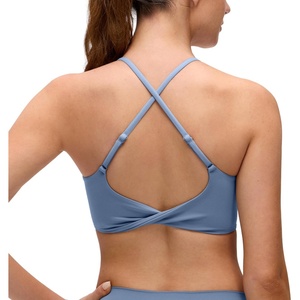 CRZ YOGA Butterluxe Twist Cross Back Sports Bras for Women – U Neck Padded Adjustable Spaghetti Straps Yoga Top(Washed Denim)