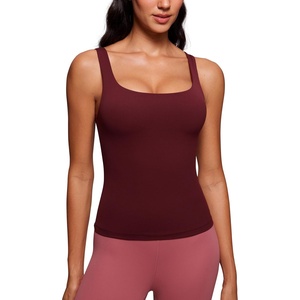 CRZ YOGA Butterluxe U Neck Tank Tops for Women – Padded Athletic Workout Camisole Crop Tops with Built in Bra(Red Merlot)