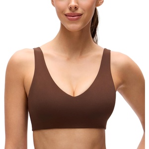 CRZ YOGA Butterluxe V Neck U Back Sports Bras for Women – Low Cut Padded Wireless Basic Yoga Top(Lava Brown)