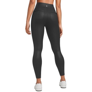 CRZ YOGA Butterluxe Women Matte Faux Leather Leggings with Back Pockets 25″ – High Waist Stretch Pleather Pants Tights(Black Foil Pattern)