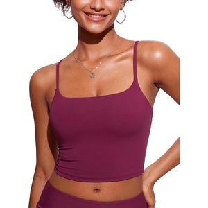 CRZ YOGA Cami Strap Bikini Tops for Women – Padded Scoop Neck Longline Swimsuit Adjustable Bathing Suit Crop Tankini(Fuchsia)