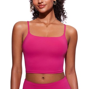 CRZ YOGA Cami Strap Bikini Tops for Women – Padded Scoop Neck Longline Swimsuit Adjustable Bathing Suit Crop Tankini(Granita Pink)