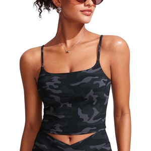 CRZ YOGA Cami Strap Bikini Tops for Women – Padded Scoop Neck Longline Swimsuit Adjustable Bathing Suit Crop Tankini(Jungle Camouflage Gray)