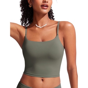 CRZ YOGA Cami Strap Bikini Tops for Women – Padded Scoop Neck Longline Swimsuit Adjustable Bathing Suit Crop Tankini(Light Army Green)