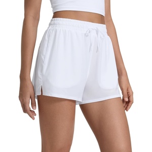 CRZ YOGA Drapey 2 in 1 Athletic Shorts for Women – High Waisted V Slit Casual Tennis Running with Pockets(White)