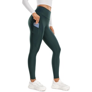 CRZ YOGA Fleece Lined Leggings Pockets 28” – Thermal Casual Lounge Workout Womens Yoga Full Length Pants Winter Warm(Forest Dark Green)