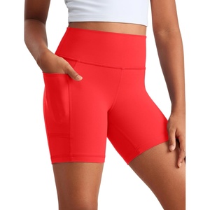 CRZ YOGA Girls Butterluxe Athletic Biker Shorts with Pockets – Dance Yoga Casual High Waist Kids Teen Summer(Deep Red)