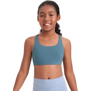 CRZ YOGA Girls Butterluxe Cross Back Sports Bra – Yoga Athletic Casual Tops Scoop Neck Padded Crop Kids Teen(Blue Ashes)