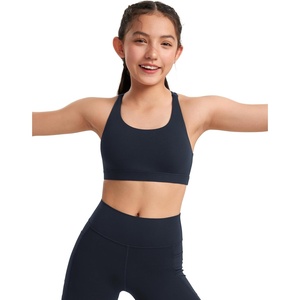 CRZ YOGA Girls Butterluxe Cross Back Sports Bra – Yoga Athletic Casual Tops Scoop Neck Padded Crop Kids Teen(True Navy)