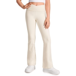 CRZ YOGA Girls Butterluxe Crossover Waist Yoga Flare Leggings – Dance Casual Athletic Pants Bell Bottoms Kids Teen(White Apricot)