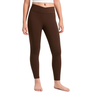CRZ YOGA Girls Butterluxe Crossover Waist Yoga Leggings – Athletic Sports Casual Pants V Cross Tights Kids Teen(Lava Brown)