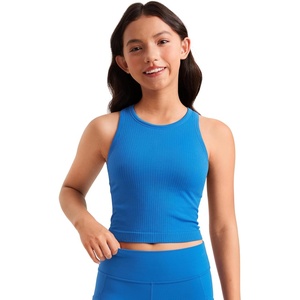 CRZ YOGA Girls Seamless Ribbed Longline Sports Bra – Yoga Athletic Casual Tops High Neck Racerback Padded Kids Teen(Sparkle Blue)