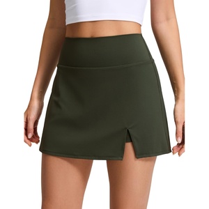CRZ YOGA High Rise Front Slit Golf Skirts for Women – Mini A-line Tennis Casual Skort with Built-in Shorts Side Pockets(Olive Green)
