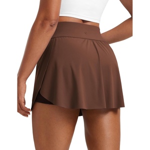 CRZ YOGA High Waisted Side Slit Tennis Skirts for Women – Mini Lined A Line Running Athletic Skort with Inner Pockets(Coffee Brown)