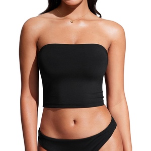 CRZ YOGA Longline Bandeau Bikini Tops for Women – Padded Strapless Adjustable Spaghetti Straps Swimsuit Bathing Crop Tankini(Black)
