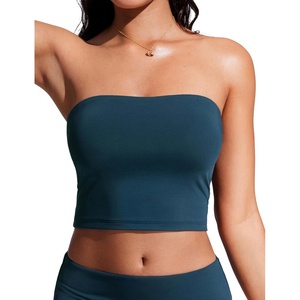 CRZ YOGA Longline Bandeau Bikini Tops for Women – Padded Strapless Adjustable Spaghetti Straps Swimsuit Bathing Crop Tankini(Insignia Blue)