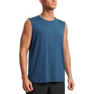 CRZ YOGA Men’s Workout Sleeveless Shirt Quick Dry Stretchy Swim T-Shirts Athletic Gym Running Beach Tank Top(Night Blue Heather)