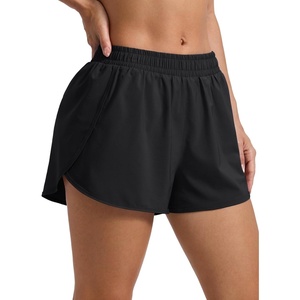 CRZ YOGA Mid Rise Half Split Athletic Shorts for Women 2.5″- Dolphin Quick Dry for Gym Running Workout Track(Black)