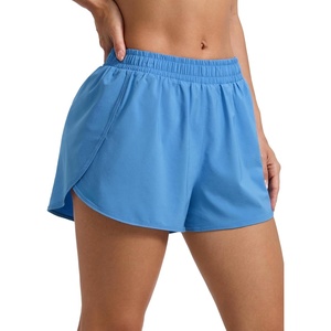 CRZ YOGA Mid Rise Half Split Athletic Shorts for Women 2.5″- Dolphin Quick Dry for Gym Running Workout Track(Party Blue)