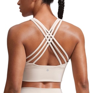 CRZ YOGA Naked Feeling Criss Cross Longline Sports Bras for Women – Wirefree Padded Strappy Yoga Cropped Tops(Mojave Tan)