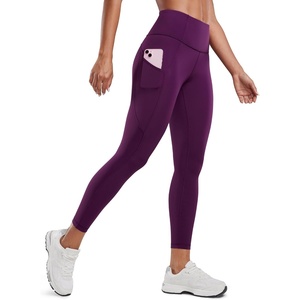 CRZ YOGA Naked Feeling Workout Leggings Pockets 25” – High Waisted Womens Yoga Pants Running Tights(Plum Magenta)
