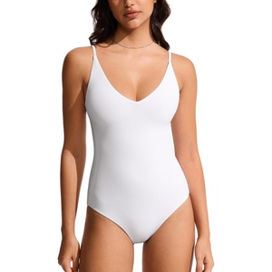 CRZ YOGA Nexfeel Double Lined V Neck One Piece Swimsuit for Women – Tummy Control Slimming Modest Bathing Suit Non Padded(White)
