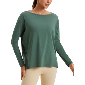 CRZ YOGA Pima Cotton Boat Neck Long Sleeve Shirts for Women – Workout Athletic Yoga Casual Tops Loose Fit Fall T-Shirts(Graphite Green)