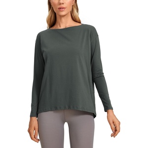 CRZ YOGA Pima Cotton Boat Neck Long Sleeve Shirts for Women – Workout Athletic Yoga Casual Tops Loose Fit Fall T-Shirts(Ivy Green)